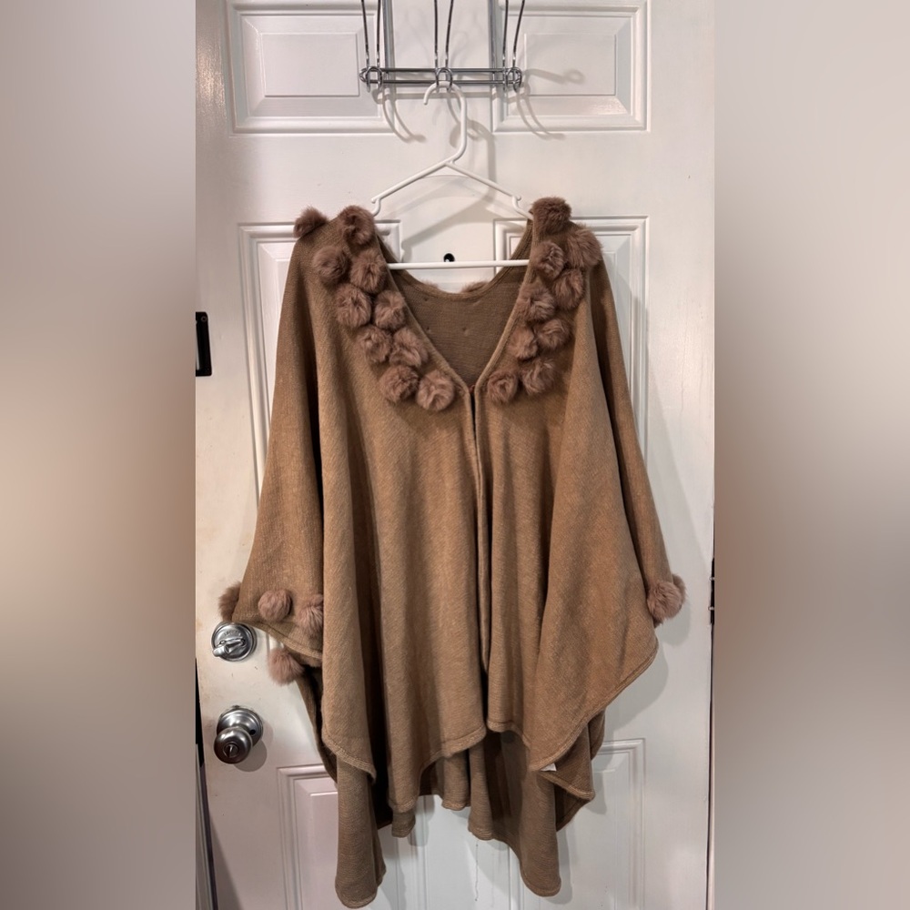 Elegant Tan Poncho with Pom Pom Details